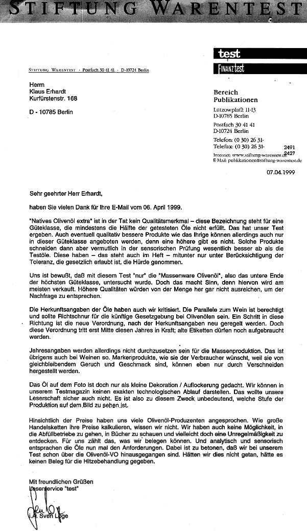 "Antwort von Stiftung Warentest zum Olivenöltest 1999" "Antwort von Stiftung Warentest zum Olivenöltest 1999"